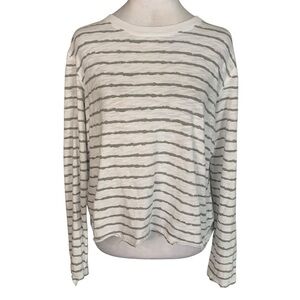 ATM Large White Taupe Abstract Striped Raw Distressed Hem T-Shirt Long Sleeve